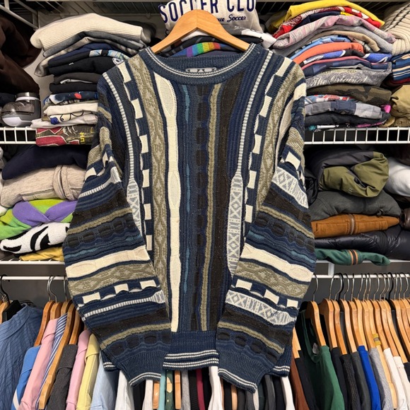 STAT Other - Vintage 3D Knit Sweater Mens M Blue Coogi Style Textured Crewneck Retro Pullover